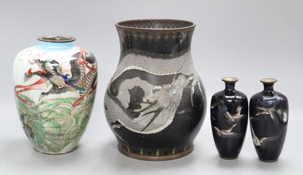 A Japanese enamel vase, a cloisonne vase and a pair of miniature cloisonne vases, tallest 20cm